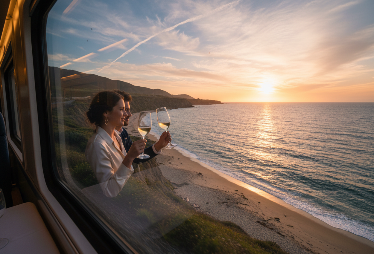 A wide golden-hour view from inside the Coast Starlight’s observation car shows the Pacific Ocean along California’s Central Coast between San Luis Obispo and Santa Barbara. Through the large train window, steep bluffs drop to a secluded crescent beach where waves break on pale sand. The low orange sun hovers above the horizon, casting copper and rose reflections across the rippled water under high streaks of cirrus cloud. In the window glass, the soft silhouettes of a stylish couple are visible as they clink wine glasses, their faces turned toward the ocean, with the train interior falling into warm shadow around them.