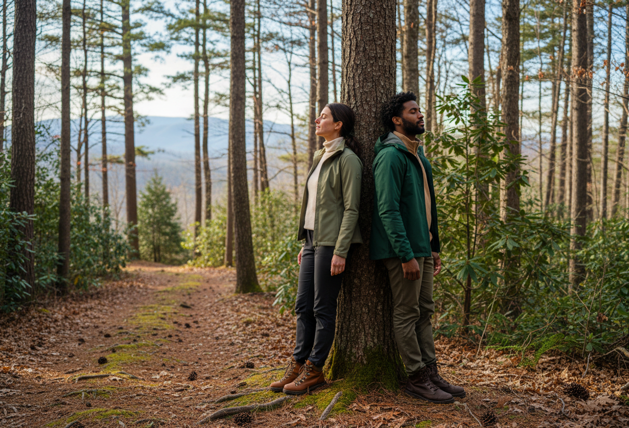 A high‑resolution landscape photograph of a stylish couple in their early 30s standing back to back against a tree during a quiet forest bathing walk near Paradise Hills Winery Resort & Spa in the Blue Ridge Mountains. They stand on a soft, leaf‑ and pine‑needle‑covered trail surrounded by tall pines, bare hardwoods, moss, and ferns, with gentle winter sunlight filtering through the canopy and hazy blue hills visible in the distant background.