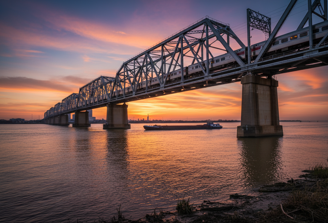 A realistic photograph of Amtrak’s silver Sunset Limited train crossing the steel Huey P. Long Bridge high above the wide Mississippi River near New Orleans at sunset. The bridge runs diagonally across the frame, with the train mid-span and a barge moving upriver below. The sky glows with vivid orange, pink, and purple clouds reflected in the muddy water, while the distant city skyline appears hazy on the horizon, conveying a sense of departure and evening calm.