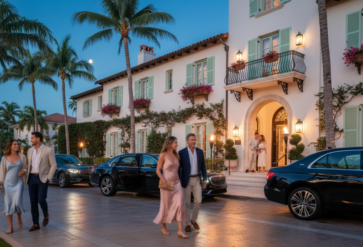 A twilight photograph of The Vineta Hotel on Cocoanut Row in Palm Beach, Florida, showing the historic Mediterranean Revival façade glowing softly against a deep blue winter sky. The white stucco walls, pastel shutters, and wrought-iron balconies are lit by warm entry lights and torches along a palm-lined driveway. A few well-dressed guests in light resort wear step out of luxury cars and walk toward the entrance, slightly blurred by motion, while the hotel architecture remains crisp and detailed. The scene feels calm, luxurious, and atmospheric, with a clear sense of depth from the foreground valet area through to the upper balconies and sky.