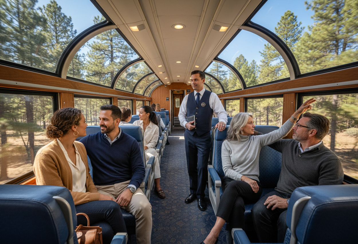 Photograph taken from the rear of the Grand Canyon Railway’s Luxury Dome car on a clear April mid-morning, looking down the aisle as couples relax in blue upholstered seats under a curved glass roof. Sunlight creates dappled patterns across the warm wood and fabric while a uniformed attendant stands near the front. Through the dome windows, tall ponderosa pines and low ridges of northern Arizona roll past, blending the cozy train interior with the surrounding high-country landscape.