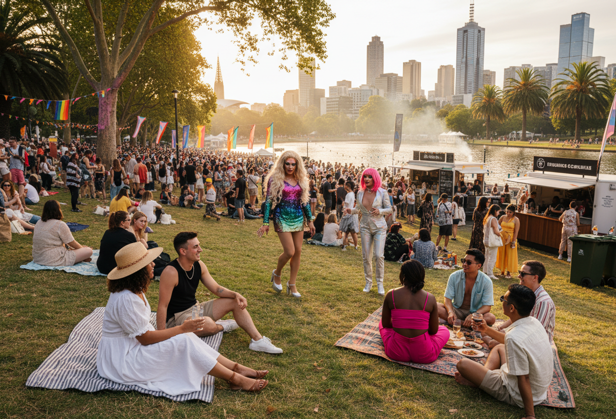 A wide, late-afternoon photograph of Midsumma Carnival in Alexandra Gardens beside the Yarra River in Melbourne. The image shows a gently sloping lawn packed with diverse festival-goers on picnic rugs, stylish summer outfits, and drag performers in bright costumes, all lit by warm golden-hour sunlight. Food stalls and pop-up bars line the midground with thin smoke rising from grills. In the distance, the Yarra River glints through gaps in the crowd, and beyond it the modern Southbank skyline and the delicate spire of Arts Centre Melbourne glow in the sun. Tall palms and plane trees frame the scene, their trunks beginning to pick up soft colored festival lights, creating a layered view from intimate foreground groups to the expansive city backdrop.