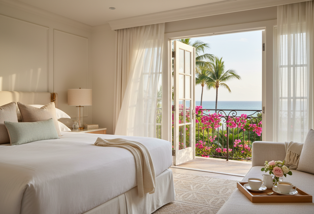 A wide-angle photograph of a serene, ocean-facing suite at The Vineta Hotel in Palm Beach, Florida, taken on a mild winter morning. The image shows a neatly made king bed with crisp white linens and pastel pillows in the foreground, a textured neutral rug, and an off-white linen sofa holding a wooden tray with two coffee cups and a small vase of flowers. French doors stand open to a wrought-iron balcony draped in vivid bougainvillea, framing a distant view of calm blue ocean and tall palm trees under a clear, pale blue sky. Soft natural light streams into the room, creating gentle shadows and a bright, airy atmosphere that feels calm, intimate, and luxurious.