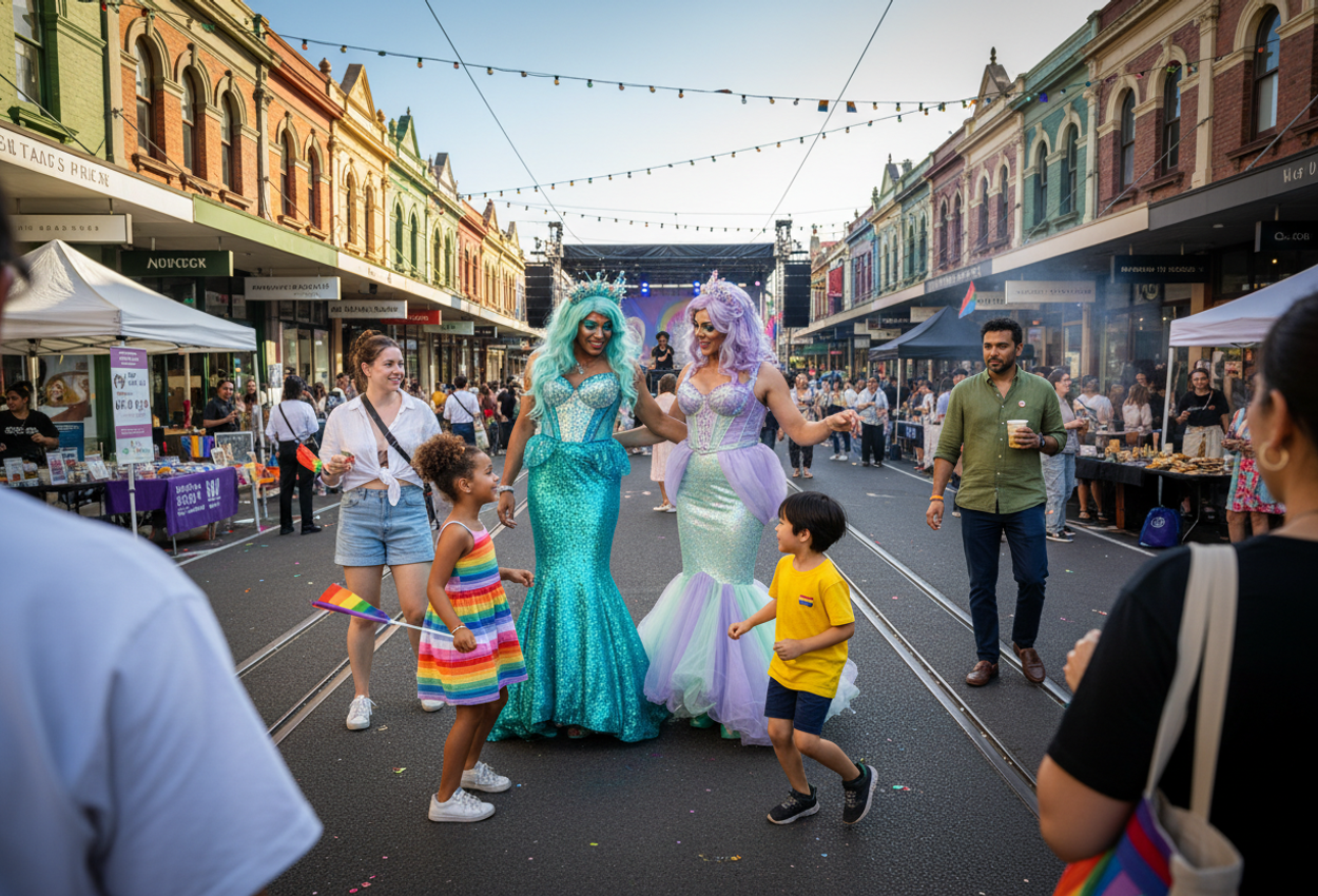 Street-level photograph of Victoria’s Pride street party on Gertrude Street in Fitzroy, Melbourne, taken on a bright February afternoon. The image shows a dense, joyful crowd framed by Victorian-era heritage shopfronts with rainbow bunting overhead. In the centre, two drag performers dressed as sparkling mermaids pose and laugh with children and adults while a DJ stage, community stalls and food vendors line the street behind them. Confetti is scattered across the sunlit asphalt, and people of different ages and backgrounds talk, dance and move through the scene under a clear blue late-summer sky.