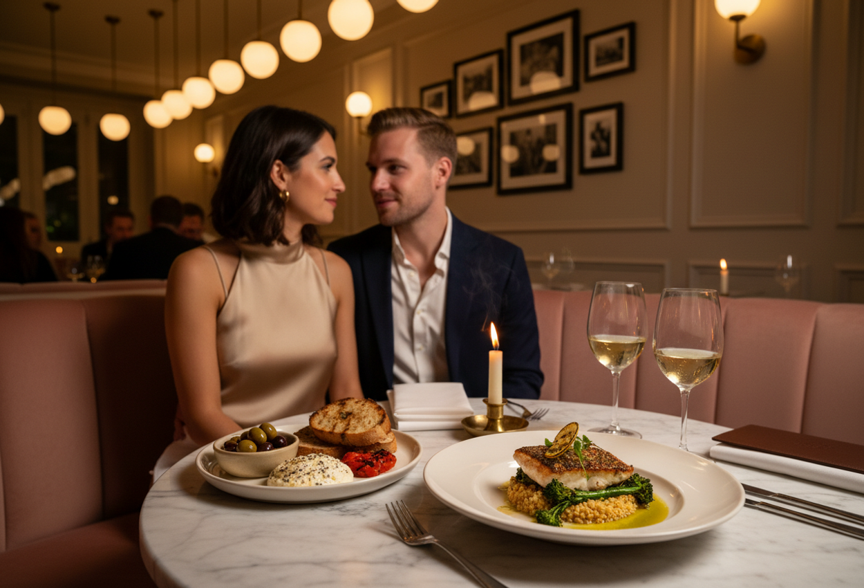 A warmly lit winter evening scene inside Vineta Hotel’s signature restaurant in Palm Beach, Florida, shows a marble table for two with a beautifully plated Mediterranean-style fish dish and wine glasses in sharp focus. Behind, softly blurred, a stylishly dressed couple leans together on a blush velvet banquette under glowing pendant lights, surrounded by paneled walls and framed artwork, creating an intimate and luxurious dining atmosphere.