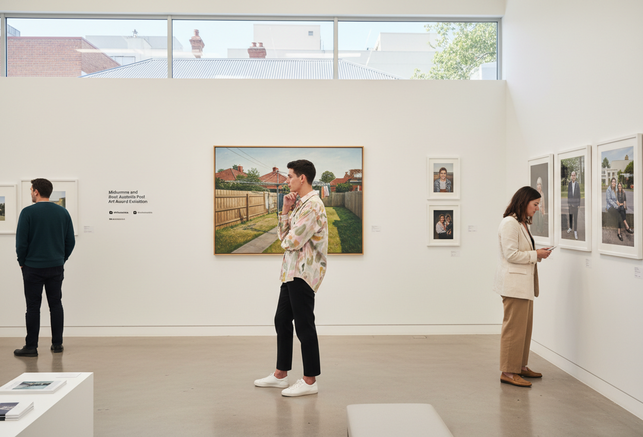 A high-resolution photograph shows the interior of the Midsumma and Australia Post Art Award exhibition at the Victorian Pride Centre in St Kilda, Melbourne. In a calm white-walled gallery, a non-binary visitor in a hand-painted shirt stands in three-quarter profile, thoughtfully studying a large painting of a suburban backyard with laundry hanging on a clothesline. Nearby, framed photographic portraits of queer subjects in everyday Melbourne locations line the wall, with discreet wall labels beside them. Two other stylish visitors quietly read texts and observe the works. Soft, even daylight and gallery lighting create gentle shadows on the pale concrete floor. A high window near the ceiling reveals distant St Kilda rooftops and a strip of pale blue summer sky, connecting the serene interior space to the surrounding coastal suburb.