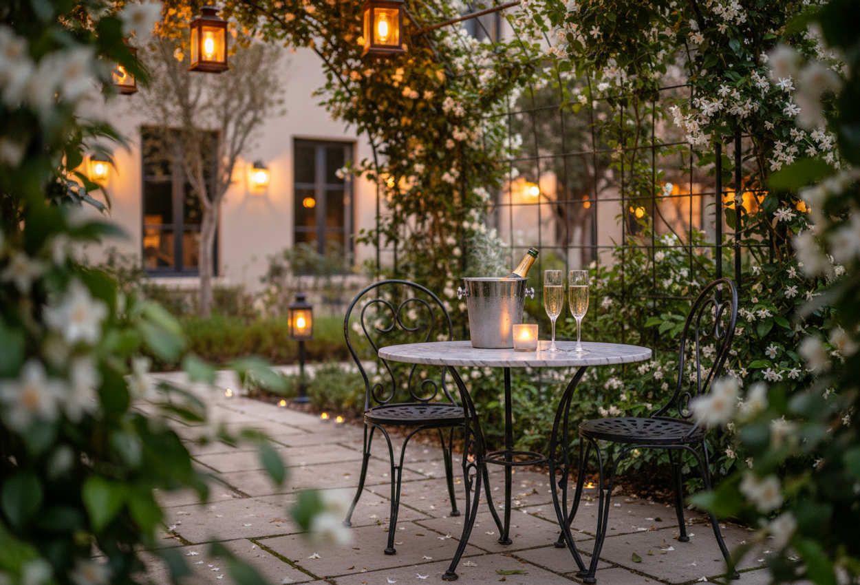 A detailed photograph of a secluded garden corner at dusk shows a small marble-topped table and two wrought-iron chairs beneath a jasmine-covered trellis, with a chilled bottle of champagne in a silver bucket and two glowing flutes surrounded by warm lanterns and candles on pale stone paving, creating an intimate, romantic atmosphere.
