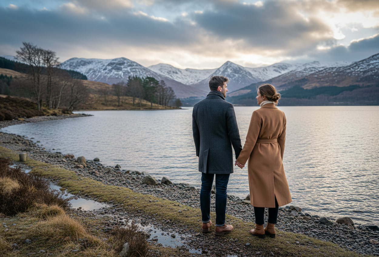 A wide, horizontal photograph of a stylish couple standing hand in hand at the rocky edge of a Scottish Highland loch in late winter, seen from behind. They wear long wool coats and leather boots, facing a calm, pewter-colored lake that stretches toward low hills and distant snow-dusted mountains. Bare trees line the far shore, and a moody sky of grey and blue clouds lets through a few soft shafts of golden light that illuminate parts of the water. The color palette is mostly cool blues, greys, and muted greens, with warmer camel and brown tones in the couple’s clothing, creating a quiet, romantic atmosphere of beginning a journey in a vast natural landscape.