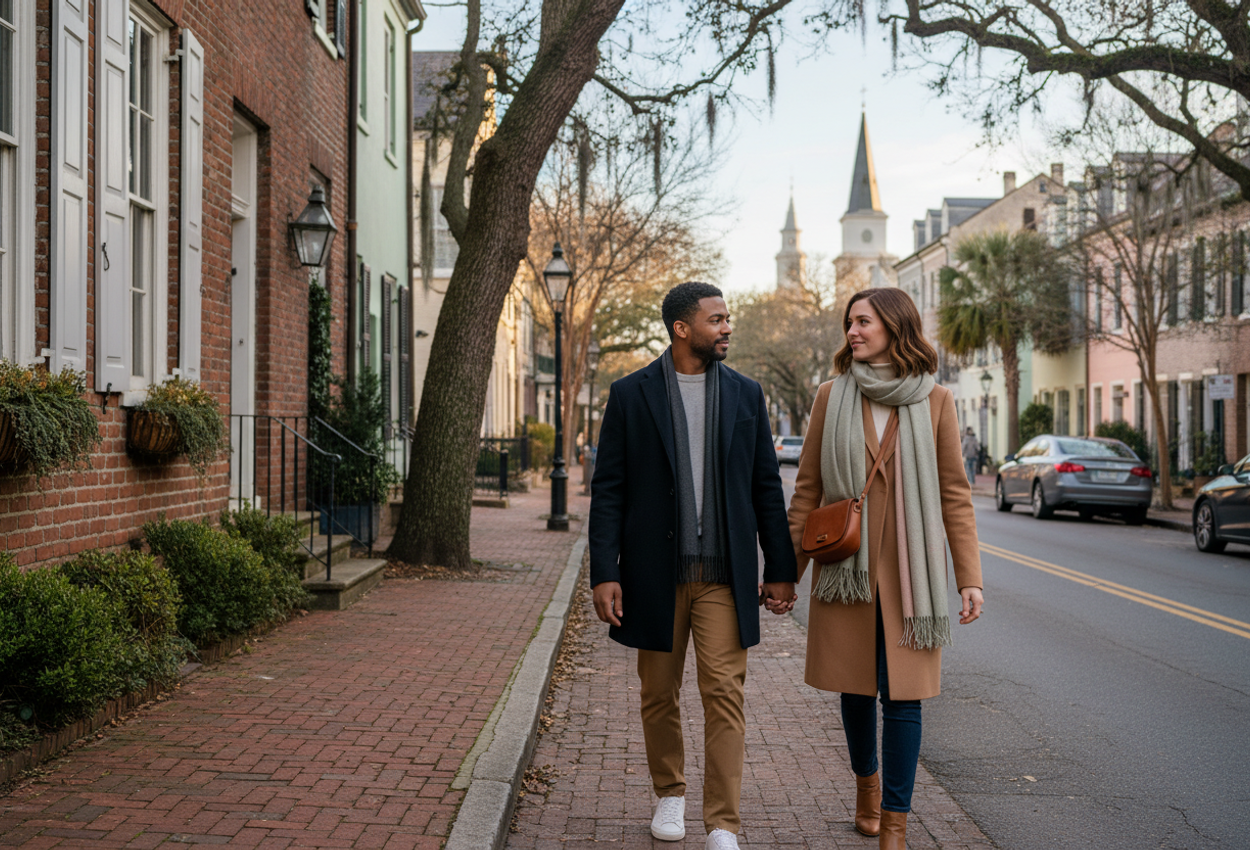A wide, high-resolution color photograph shows a stylish man and woman in their early 30s walking hand in hand along a quiet brick-lined street in Charleston’s historic district on a clear February afternoon. They stroll on a narrow sidewalk under arching live oak trees, wearing light wool coats, scarves, and casual yet refined clothing suited to cool, mild weather. Soft golden light from the low sun illuminates their faces and catches the texture of brick townhouses with pastel façades and shuttered windows. The cobblestone and asphalt street leads into the distance where church steeples and additional historic houses rise above the rooftops, hinting at the nearby harbor. The scene feels calm, gently romantic, and anticipatory, like the beginning of a relaxed weekend of exploration.