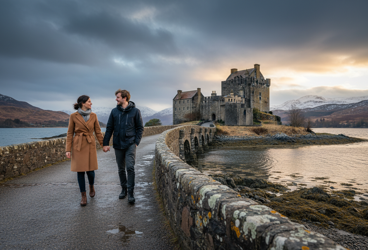 A high-resolution landscape photograph shows a couple in winter coats walking hand in hand along the old stone bridge toward Eilean Donan Castle in the Scottish Highlands. The camera looks down the bridge, whose weathered parapet leads the eye to the grey-stone castle rising on a small tidal island surrounded by calm water at low tide. Dark rocks and seaweed line the shore, and distant hills with patches of snow form the backdrop. Above, a steel-grey late-winter sky is edged with soft golden light where the sun nears the horizon, casting a gentle glow on the castle walls. The scene feels quiet, cold, and romantic, with rich detail in the stone, water, and clothing textures.
