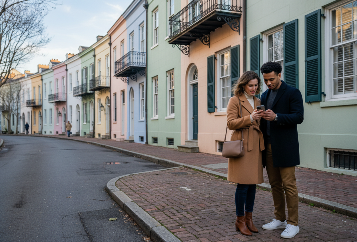 A realistic photograph of a stylish couple standing on East Bay Street in Charleston, South Carolina, reviewing a photo on a phone as they face the pastel Georgian row houses of Rainbow Row in soft early-evening light on a mild February day. The image shows detailed brick sidewalks, wrought-iron balconies, shuttered windows, and barely budding trees, with warm natural light grazing the colorful facades and creating a calm, intimate atmosphere.