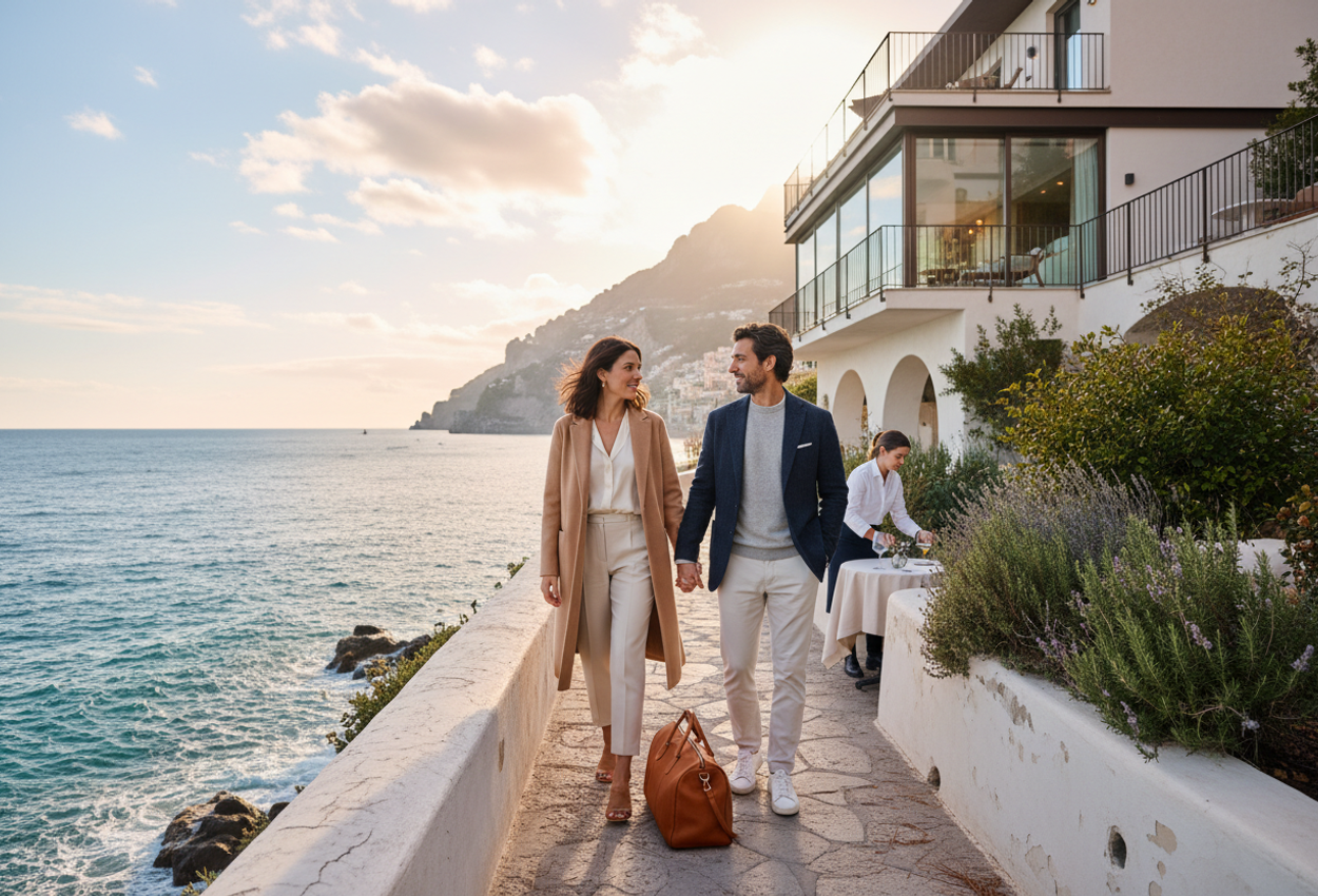 A high-resolution photograph of a stylish couple walking hand in hand along a quiet stone coastal path above the Mediterranean Sea on the Amalfi Coast. It is late afternoon in winter, with warm golden sunlight behind them creating a soft halo and long shadows. The woman wears a light camel coat, silk blouse, and tailored trousers; the man wears a navy blazer and light sweater with off-white chinos. A monogrammed leather weekend bag rests near their feet. In the background, a modern white boutique hotel is terraced into the cliff, and a staff member discreetly sets a small table overlooking the water. Below, waves glint against the rocks, and the pastel sky fades from gold to pale blue, conveying a serene, luxurious atmosphere.