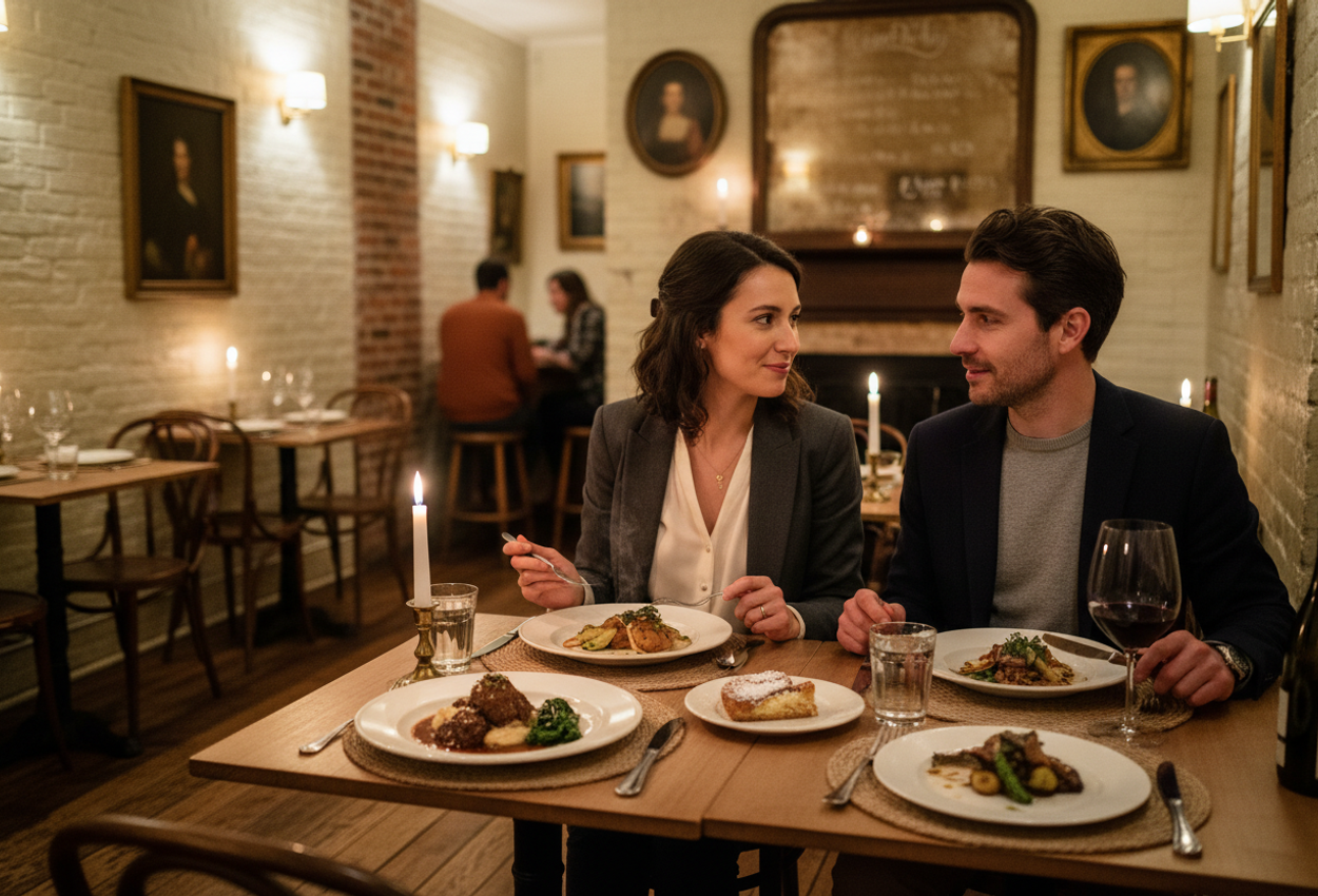 A warmly lit interior photograph of the tiny Chez Nous restaurant in downtown Charleston, showing a stylish couple in their early thirties seated close together at a small wooden table for two. They are mid-meal, talking and sharing rustic French-inspired dishes and a dessert, with steam rising from a braised main course and a glass of red wine catching the candlelight. Rough whitewashed brick walls, an old fireplace with an antique mirror, and another softly lit table fade into a gentle blur in the background, creating an intimate, European-feeling dining scene in a 3:2 landscape composition.