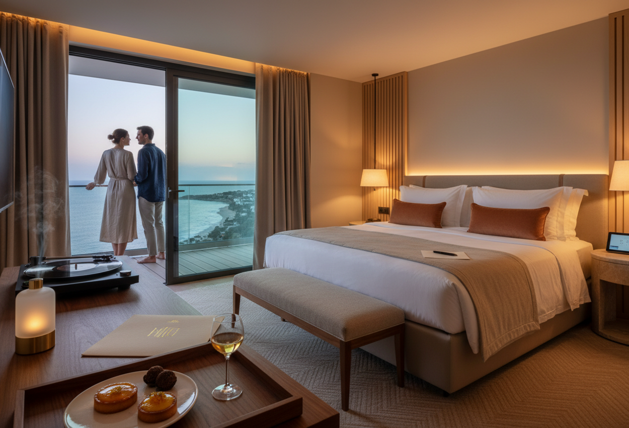 Photograph of a warmly lit luxury hotel suite at dusk, showing a neatly made king-size bed, a console with a turntable, a handwritten note and tray of desserts in sharp focus, and a softly blurred couple standing together on the balcony, looking out over distant coastal lights beyond the glass doors.