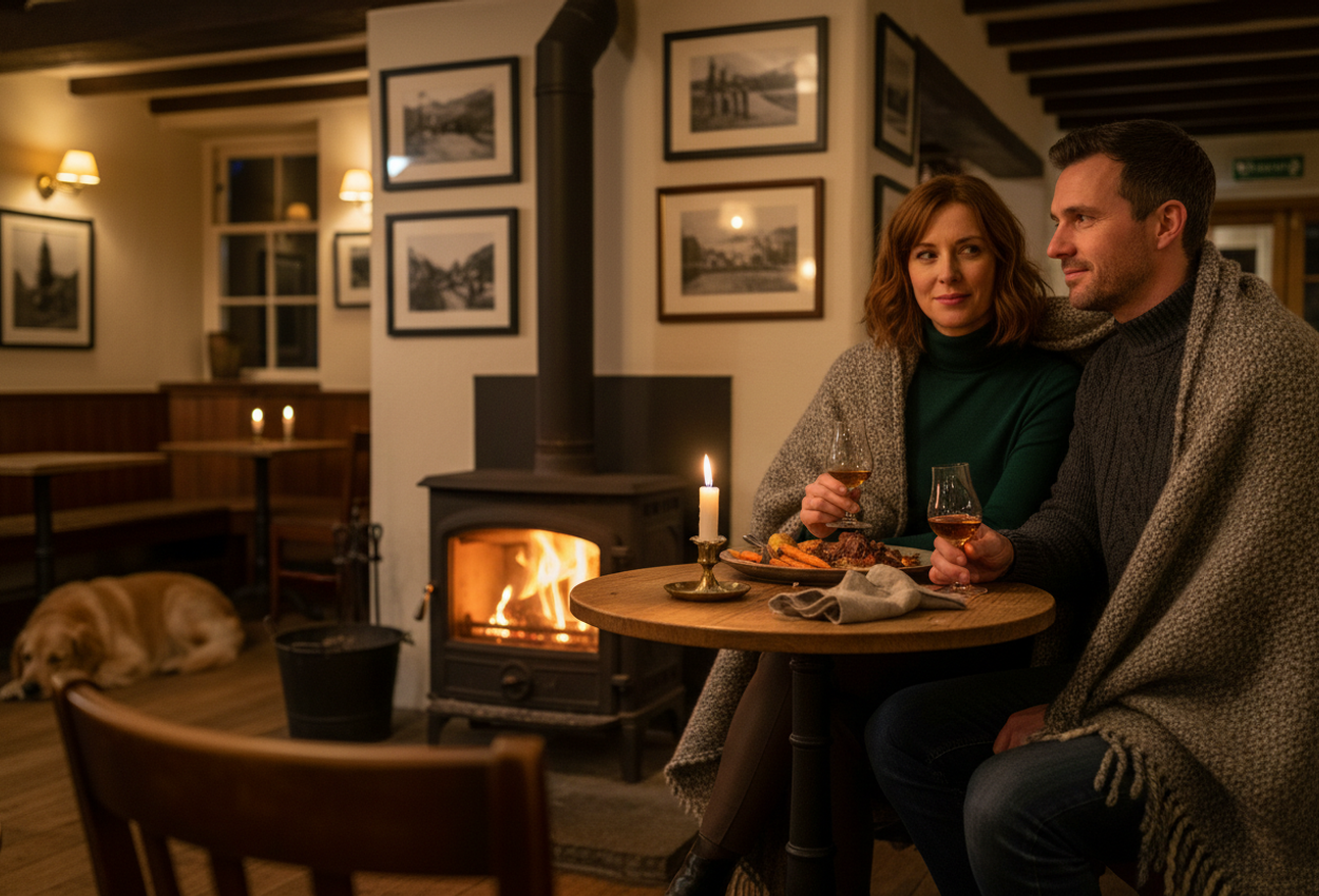 A color photograph inside The Old Bridge Inn in Aviemore shows a couple in their mid-30s sitting close together at a wooden table beside a glowing wood-burning stove on a winter evening. They are wrapped in thick wool blankets, dressed in warm knitwear, each holding a small glass of amber whisky. A half-finished plate of food and a burning candle sit on the table in front of them. The background is softly out of focus, revealing wooden beams, framed Highland artwork, and a large dog curled up near another table, all bathed in a warm, golden, firelit atmosphere.