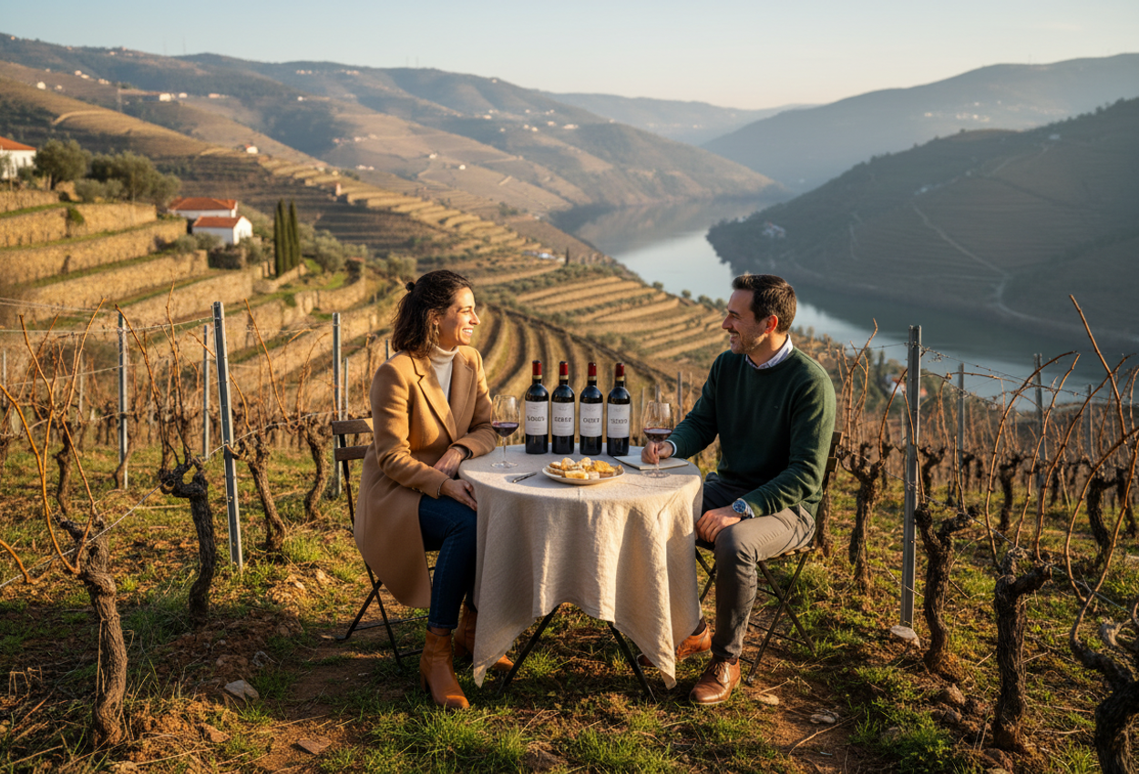 A high-resolution photograph shows a couple seated at a small round table between terraced vineyard rows on a steep hillside in Portugal’s Douro Valley on a clear late-winter afternoon. They are mid-conversation and laughing, dressed in elegant but relaxed neutral-toned clothing, with a linen-covered table set for a private tasting of several red wines arranged by vintage year, crystal glasses, and a small cheese plate. The foreground focuses on the couple and table, while rows of pruned vines and stone terraces lead the eye down toward the winding Douro River and layered hills fading into a soft blue haze under a pale sky.