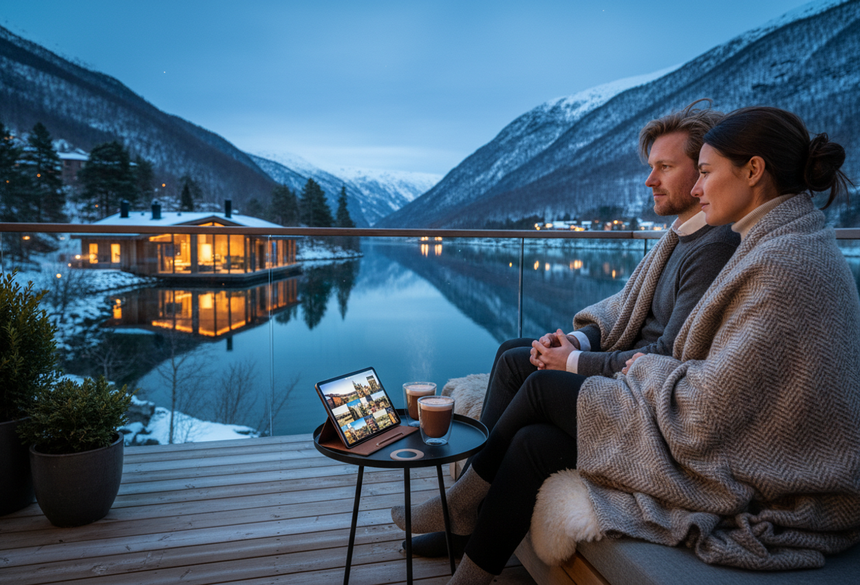 A man and woman in their early thirties sit wrapped in a wool blanket on a private wooden balcony above a calm Norwegian fjord at blue hour. They lean close together on a low bench with a sheepskin throw, sharing hot drinks beside a tablet showing photos from past trips. Their breath is visible in the cold air, and warm light from a nearby lamp softly illuminates their profiles and the textured blanket. Across the dark, still water, a low, modern timber lodge glows with warm light, its windows and surrounding snow-dusted pines reflected on the surface. Behind it, faint mountains rise into a deep blue evening sky, creating a quiet winter scene that feels intimate and remote.