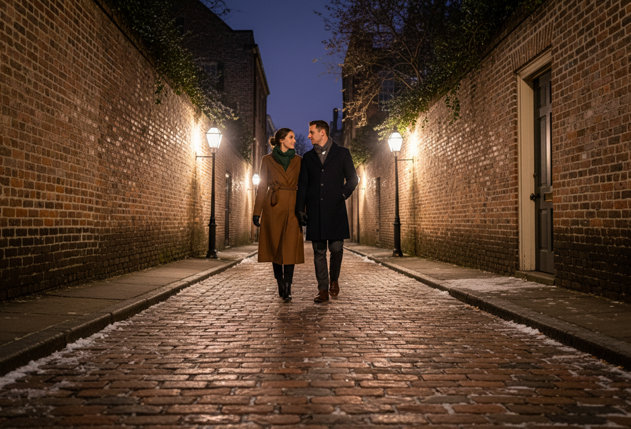 Photograph of Philadelphia Alley in Charleston, South Carolina on a rare snowy February evening. Warm gas lamps illuminate historic red brick walls and uneven cobblestone paving dusted with light snow. A stylishly dressed couple in dark winter coats walks midway down the narrow passage, seen from a low angle and framed by ivy and overhanging branches. The far end of the alley fades into soft shadow, creating a quiet, atmospheric scene that feels both historic and intimate.