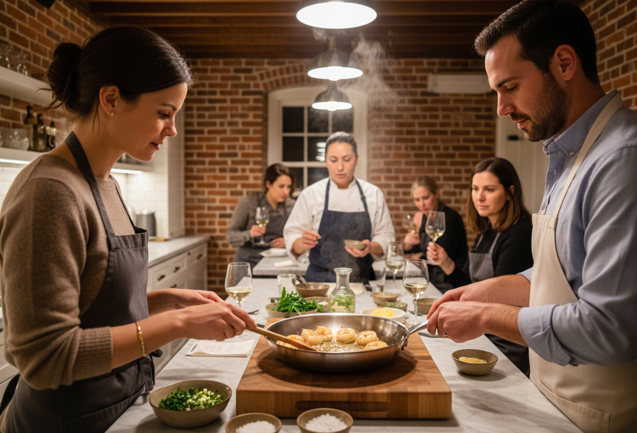 A photograph taken on the evening of February 1, 2026, shows an intimate cooking class in the historic brick carriage house at Zero George in Charleston. The camera looks over the shoulders of a stylish couple in aprons as they stir a stainless-steel pan on a central kitchen island, steam rising from a Lowcountry-style dish. A chef in a white jacket stands opposite them, gesturing as they listen closely. Exposed brick walls, wooden beams, warm pendant lights, and neatly arranged fresh herbs, ingredients, and cutting boards create a cozy, high-end atmosphere, while other participants appear softly blurred in the background.