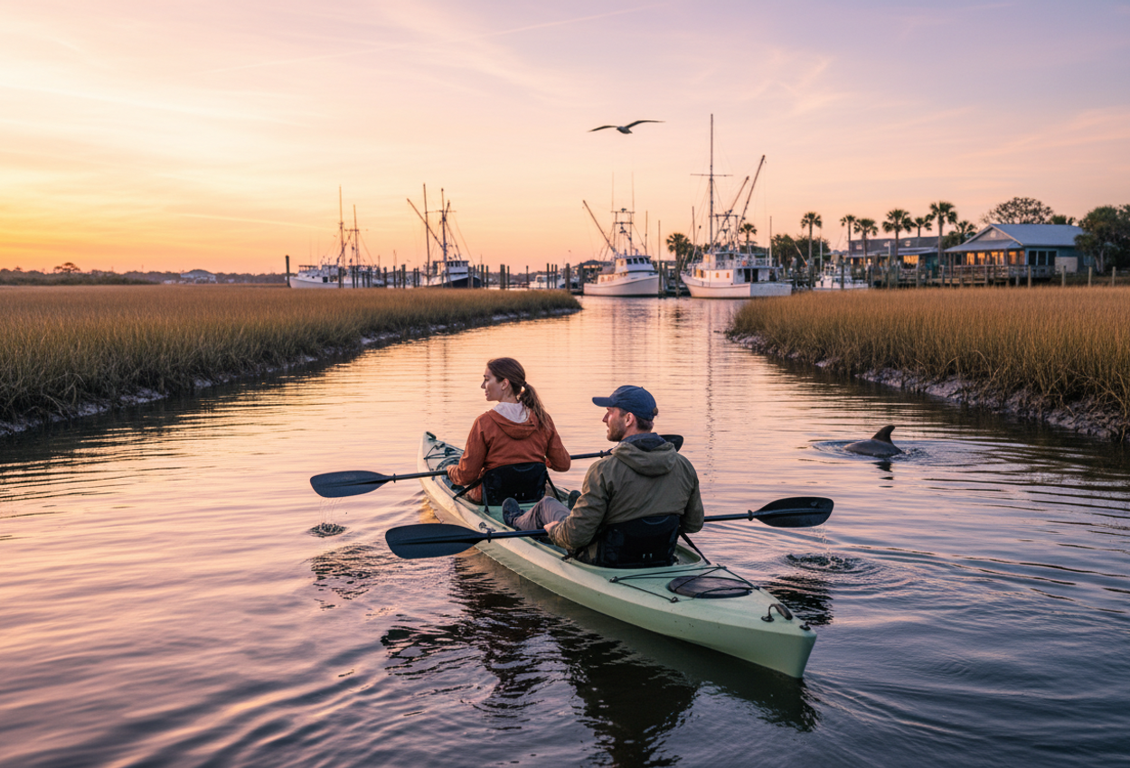 A low-angle photograph shows a couple in a tandem kayak paddling away along Shem Creek in Mount Pleasant, South Carolina, on a calm February evening. The water glows with orange and pink reflections from a setting sun, framed by golden marsh grasses on both sides. In the distance, silhouettes of shrimp boats, wooden docks, and small waterfront buildings are softly compressed toward the horizon. A single dolphin fin breaks the surface nearby and a lone seabird glides overhead, adding subtle wildlife to the peaceful, subtly romantic scene.