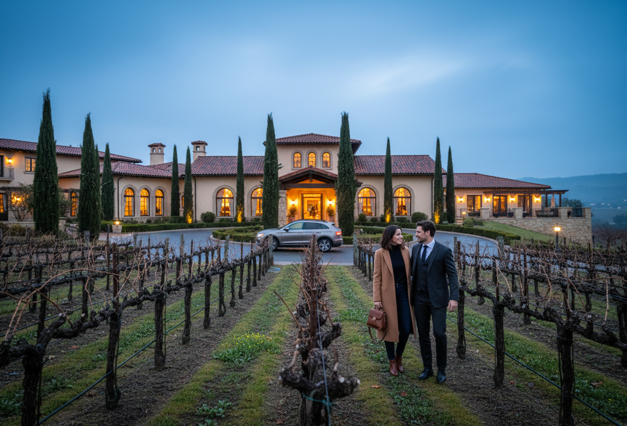 A wide-angle, early evening photograph of The Meritage Resort and Spa in Napa Valley taken from the edge of its winter vineyard, showing dormant vine rows leading up to the warmly lit Tuscan-style buildings, cypress-lined driveway, and a couple arriving by car with a valet under a cool blue February sky and softly fading hills in the background.