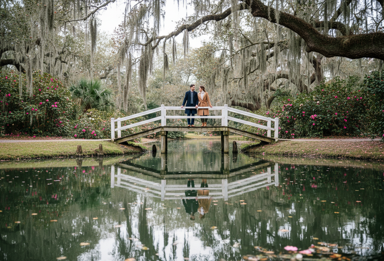 A high-resolution photograph of a stylish couple standing on the arched white footbridge at Magnolia Plantation and Gardens in Charleston, South Carolina. The pair lean gently on the rail, facing each other, framed by live oak trees draped in Spanish moss and surrounded by winter-blooming camellias. Their reflection appears softly in the still pond below under bright overcast February light, creating a calm, romantic atmosphere in the historic Southern garden.