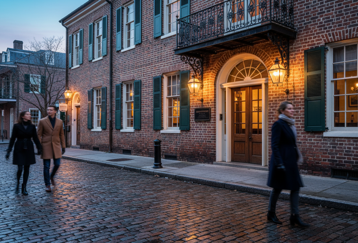 A high-resolution twilight photograph of a historic brick restaurant building in downtown Charleston, South Carolina. The scene shows a wrought-iron balcony lit by traditional gas lamps, with warm light reflecting on a slightly wet cobblestone street. A few pedestrians in winter coats walk past, softly blurred, while the cool blue February evening sky glows above the surrounding historic facades.