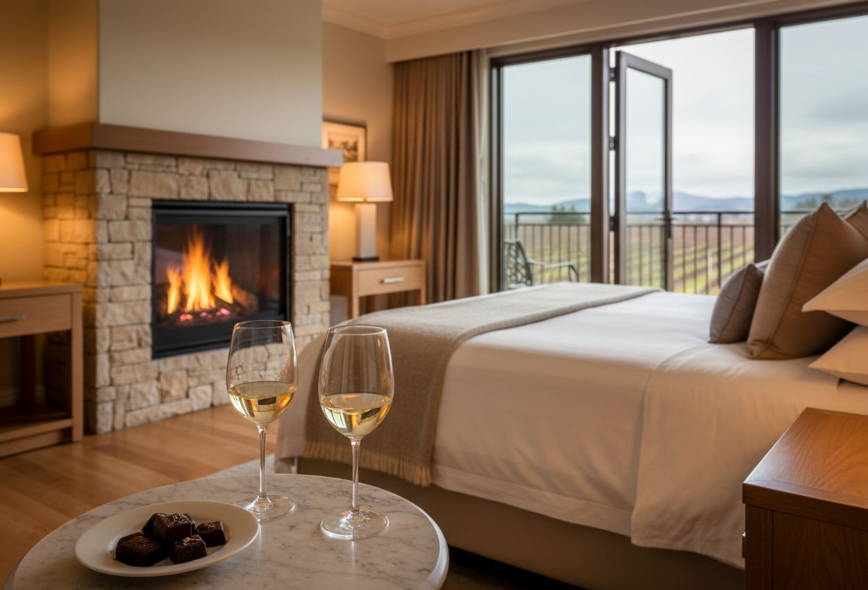 A warmly lit king suite at The Meritage Resort and Spa in Napa Valley, photographed around sunset in winter. In the foreground a small marble-topped table holds two half-filled wine glasses and a plate of dark chocolates. Behind it, a plush bed with crisp white linens, layered neutral pillows, and a soft wool throw sits beside a stone-framed gas fireplace with flames glowing. To the right, glass doors open onto a balcony with softly blurred dormant vineyards and rolling Napa hills under an overcast sky, creating an intimate and luxurious atmosphere.
