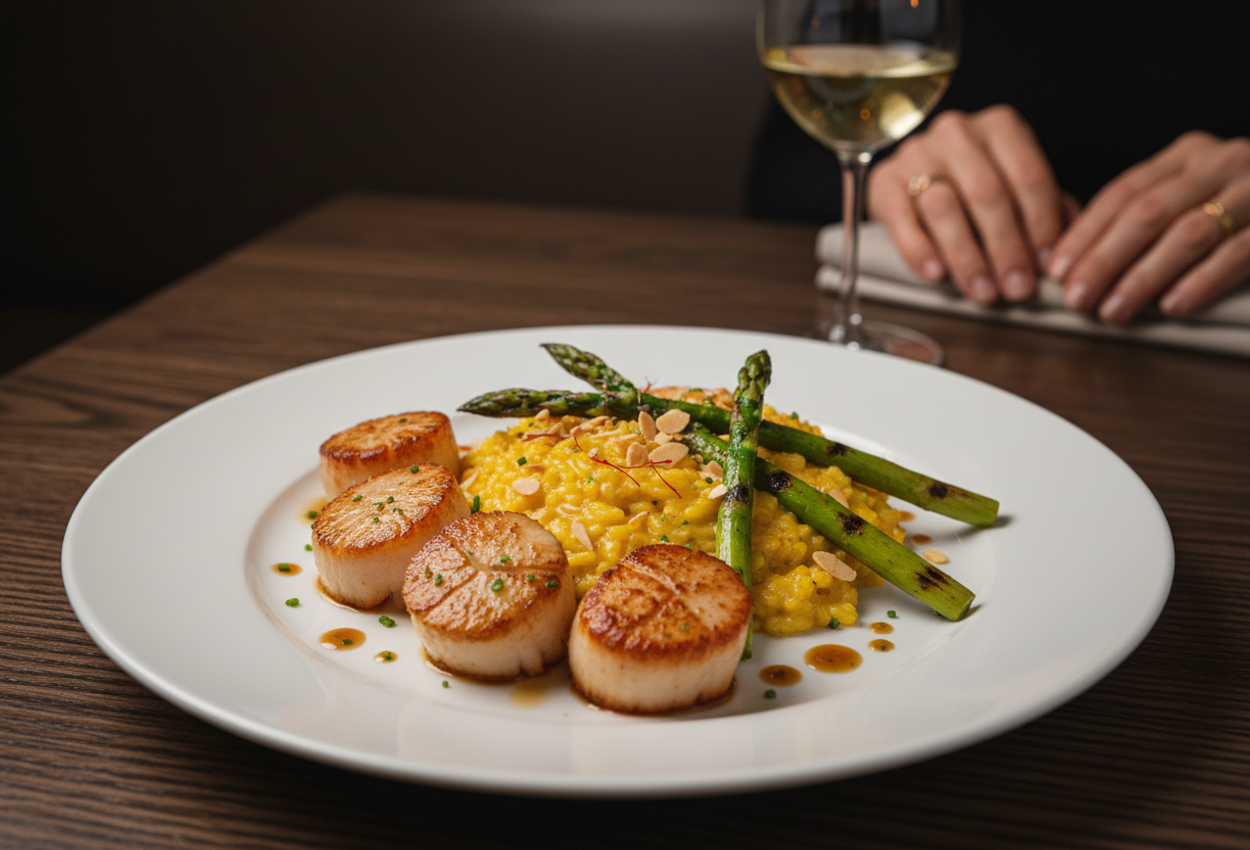 A close-up 3:2 landscape photograph of a white porcelain plate holding pan-seared golden scallops arranged over creamy saffron risotto, topped with charred green asparagus spears and toasted almonds on a dark wooden restaurant table. The front scallop and surrounding risotto are in sharp focus, while a glass of white wine and the softly blurred hands of another diner appear in the warm, dimly lit background, creating an intimate, refined dining atmosphere.