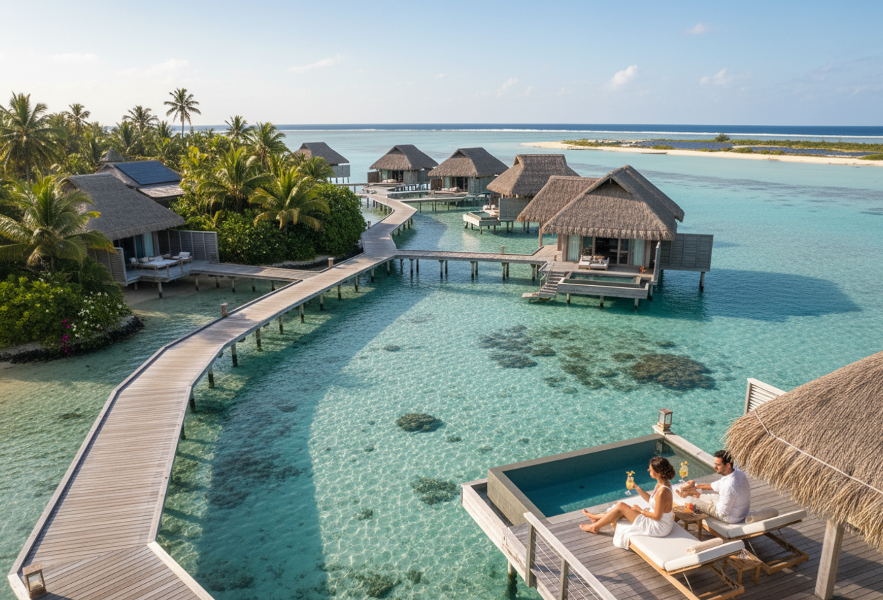 A high-resolution aerial photograph taken in mid-morning shows a remote tropical eco-lodge set over a clear turquoise lagoon. A curving wooden boardwalk links thatched-roof villas nestled in dense green foliage and perched on stilts above shallow water. In the lower-right foreground, a couple relaxes on loungers beside a small plunge pool on a private deck, facing the lagoon with drinks in hand. The calm sea reveals coral heads and sandbars beneath the surface, while a white reef line and open ocean stretch toward the horizon under a pale blue sky with a few small clouds. Subtle solar panels are visible on a distant structure and along a narrow strip of land, hinting at sustainable design without dominating the serene, luxurious scene.