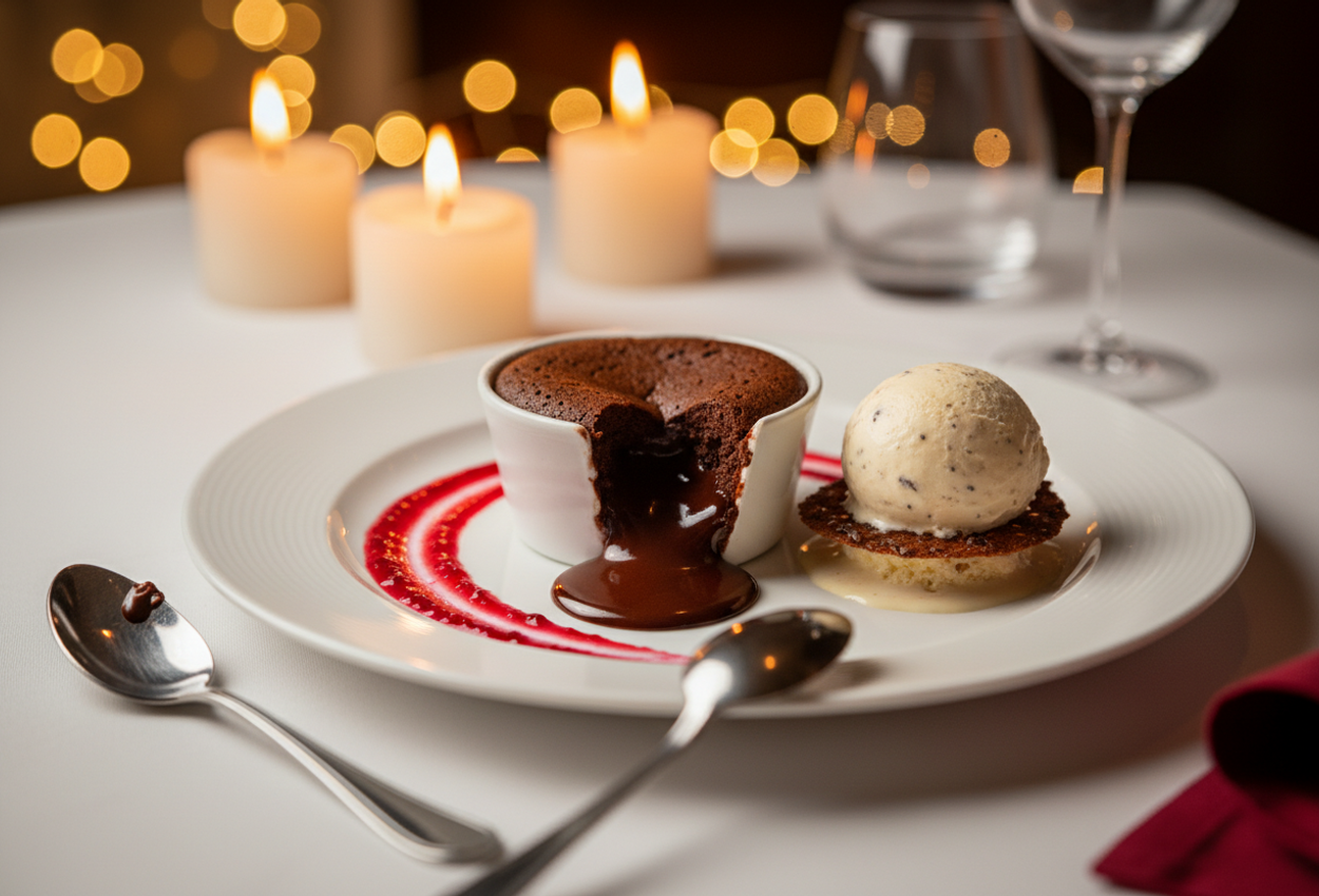 A close-up horizontal photograph of a heart-shaped chocolate lava cake in a white ramekin on a white plate, just cracked open so glossy molten chocolate flows onto the dish. A vivid red raspberry coulis curves around the dessert, and a scoop of vanilla bean ice cream with visible specks rests on a thin cocoa nib tuile, beginning to melt. Two small metal dessert spoons lie nearby, one with a smear of chocolate. The scene is softly lit by warm candlelight, with blurred golden bokeh lights in the background creating an intimate, romantic restaurant atmosphere.