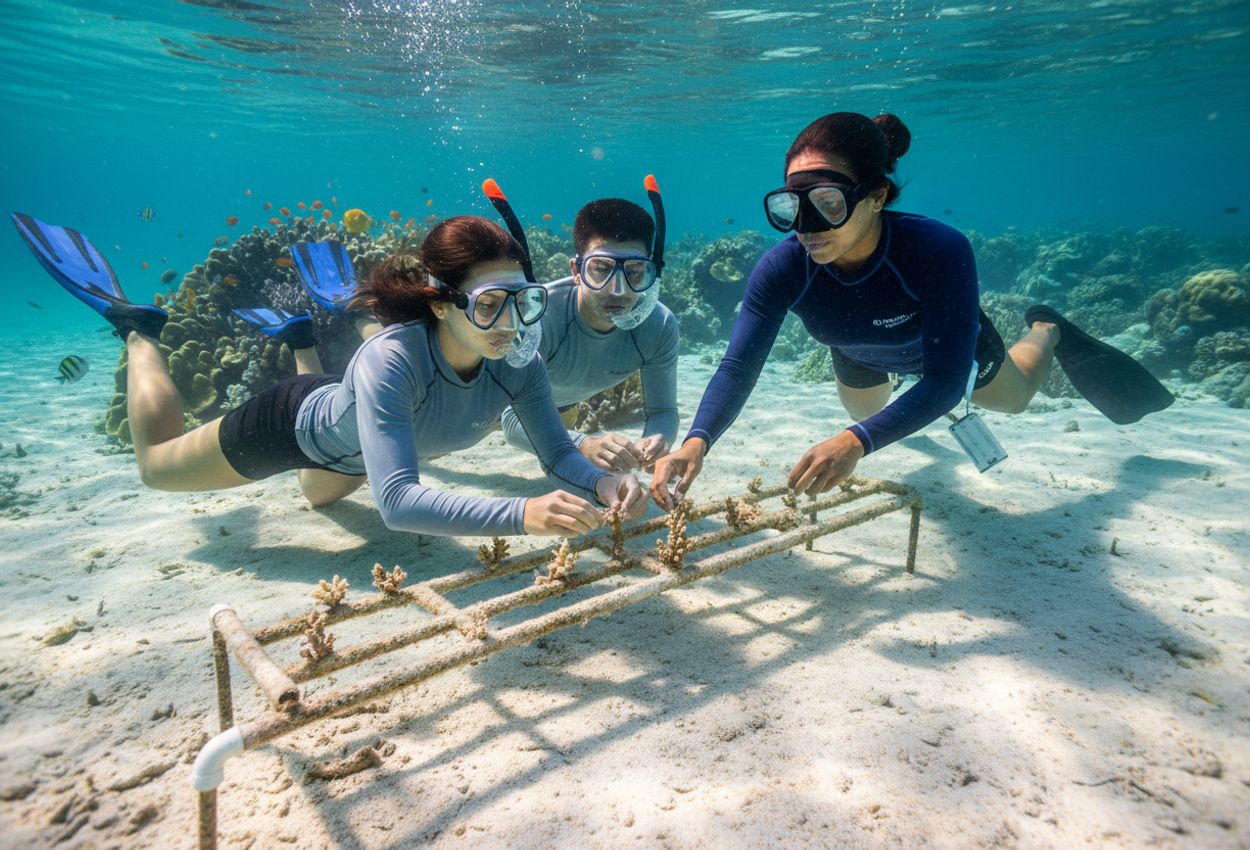 A high-resolution underwater photograph shows a young couple and a marine biologist in snorkel gear working together at a coral nursery frame on the sandy bottom of a shallow, clear turquoise lagoon in Fiji. Sunlight filters through the rippled surface, illuminating their hands as they attach small branching coral fragments while colorful reef fish swim around healthy coral heads in the background.