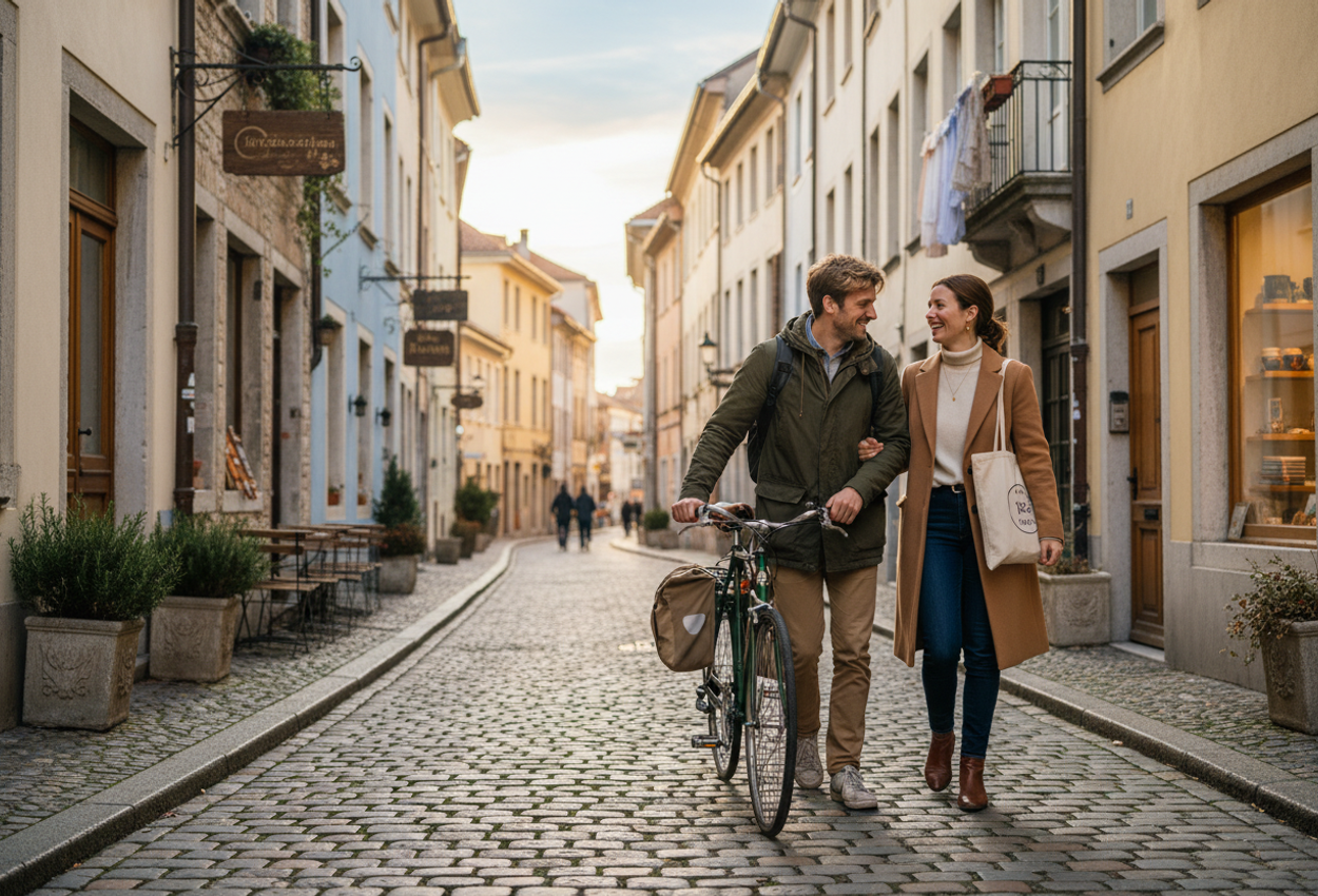A candid photograph of a young couple in stylish winter clothing walking beside a bicycle down a narrow cobbled street in a historic European old town. The car-free lane is lined with small independent shops and cafés, potted plants, and hanging laundry between pastel townhouses. Warm late afternoon sunlight creates a soft halo around the couple, who carry a light daypack, reusable water bottle, and canvas tote, suggesting minimalist, eco-conscious travel on foot and by bike.