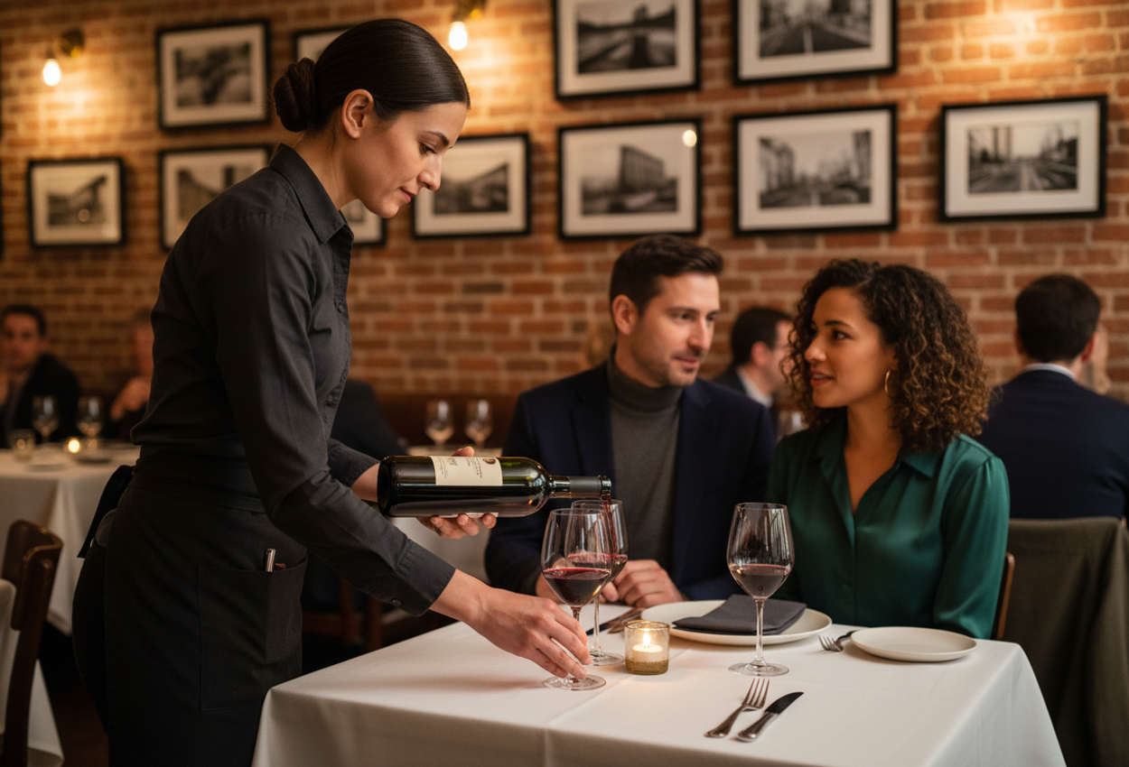 A high-resolution photo captures a candid moment in a warmly lit upscale restaurant during a winter evening. In the foreground, a server in a dark uniform leans toward a table, hands in sharp focus as she pours red wine into a glass on a white linen tablecloth illuminated by candlelight. A well-dressed couple sits slightly out of focus behind the glass, mid-conversation, creating a sense of intimacy. The background shows an exposed brick wall with framed black-and-white photos and softly blurred diners, all bathed in warm, golden light.