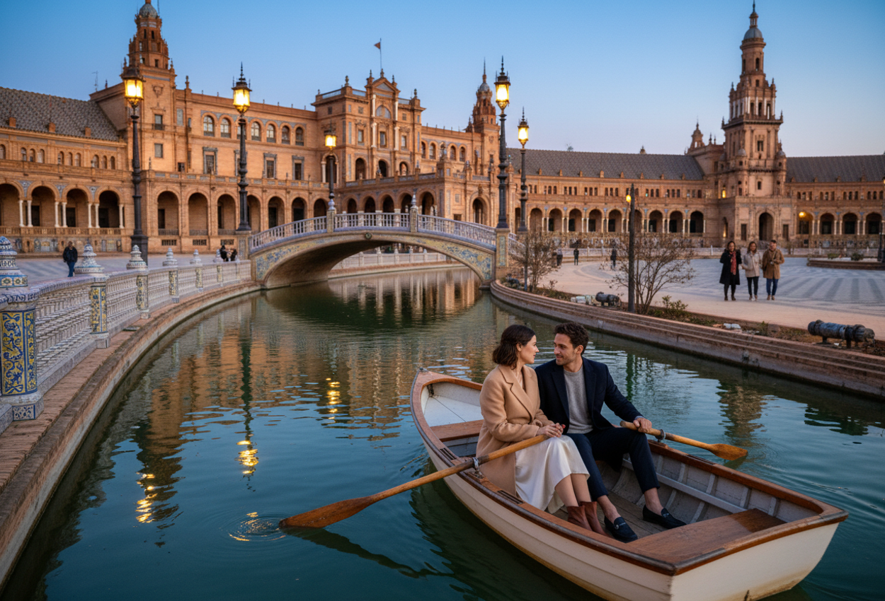 A high-resolution photograph shows a stylish couple in their early thirties sharing a quiet rowboat ride along the canal of Plaza de España in Seville just after sunset in early spring. Warm amber lights illuminate the semi-circular brick facade, ceramic bridges, and tall towers, reflecting in the dark blue water. The couple sits close together in the boat in the foreground, while a few distant figures stroll under the arcades. Above, a deep cobalt sky with a faint band of remaining daylight frames the grand architecture, creating a serene, romantic atmosphere.