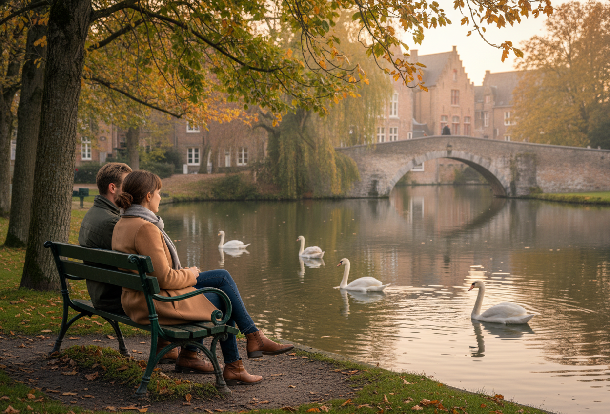 A high-resolution photograph of Minnewater Lake in Bruges, Belgium, taken in early autumn during golden hour. In the lower left corner, a couple wearing elegant coats sits closely together on a park bench under overhanging branches, looking out over the calm lake. White swans glide across the reflective water, leaving gentle ripples that slightly disturb the mirror image of trees and a historic stone bridge in the background. Soft warm light highlights the textures of the old brick, the autumn foliage, and the couple’s clothing, creating a peaceful, intimate atmosphere in the park.