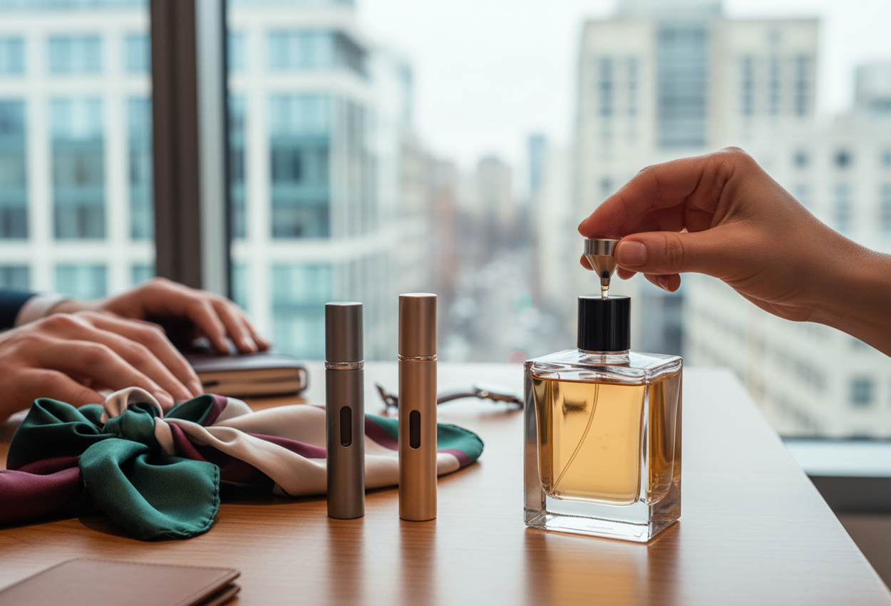 A high-resolution photograph shows a close-up of a wooden hotel desk by a window on a winter day. In the foreground, a woman’s hand carefully pumps perfume from a rectangular glass fragrance bottle into a slim metal travel atomizer, while another atomizer and a folded patterned silk scarf rest nearby. A man’s hand and a leather watch are visible slightly farther back. Outside the window, an urban winter cityscape with buildings and bare trees is softly blurred, keeping the focus on the intimate, luxurious scent ritual inside.