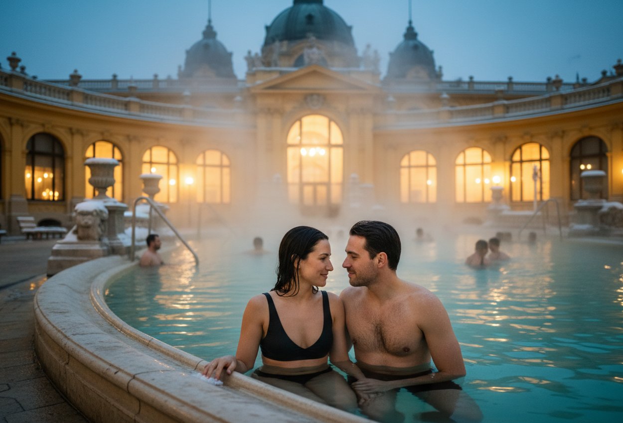 A high-resolution photograph of a young couple relaxing in the steaming outdoor pool at Budapest’s Széchenyi Thermal Bath on a cold winter evening, with turquoise thermal water in the foreground, a light dusting of snow on the stone balustrades and statues, and the warmly lit yellow neo-baroque facade softly glowing through drifting steam in the background.