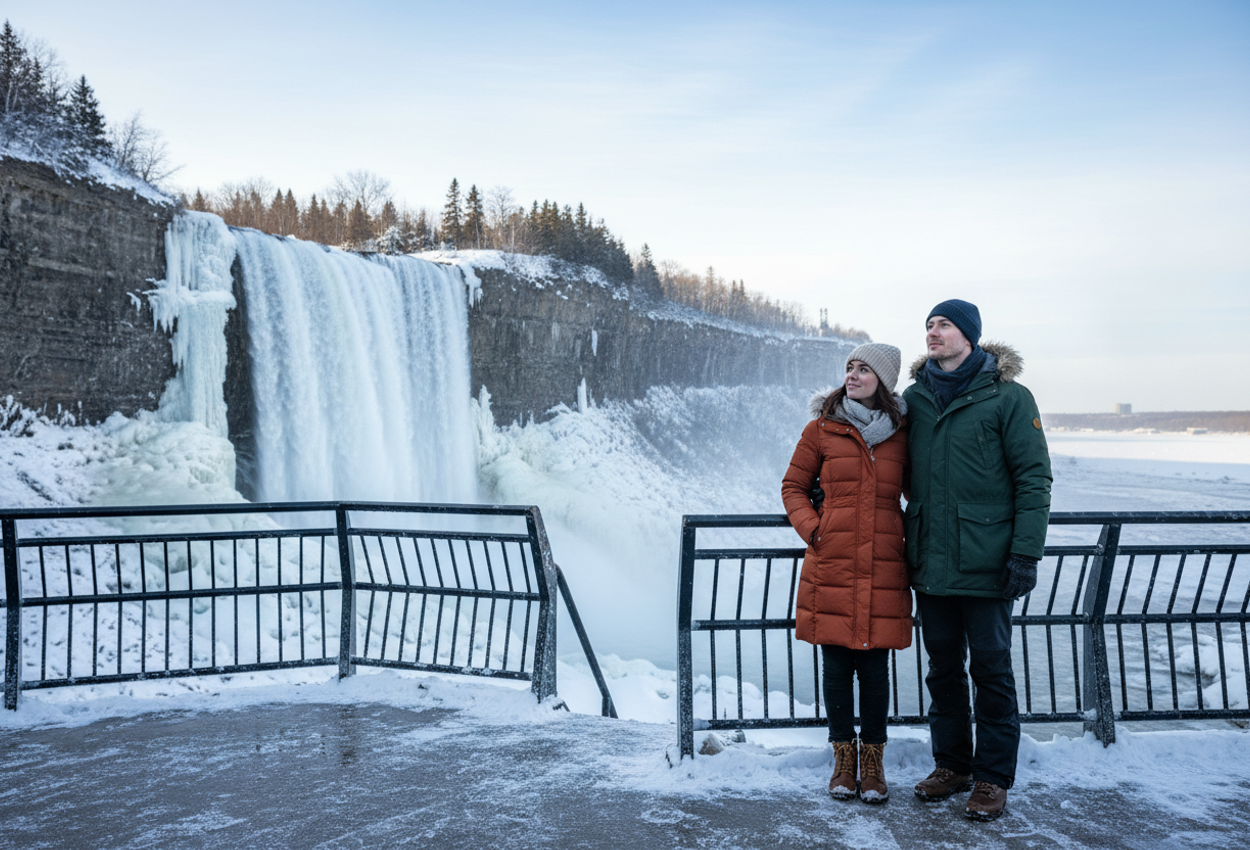High‑resolution photo of a warmly dressed couple standing on the snowy lower viewing platform at Montmorency Falls near Québec City on a clear mid‑morning in February. The pair, wearing stylish winter coats, hats and scarves, hold each other close in the foreground while an immense, partially frozen waterfall thunders down an icy cliff behind them. Snow and sculpted ice formations blanket the surrounding rocks and trees, with fine mist hanging in the cold air and a pale blue winter sky above, conveying the scale and intensity of the falls against the small, intimate human figures.