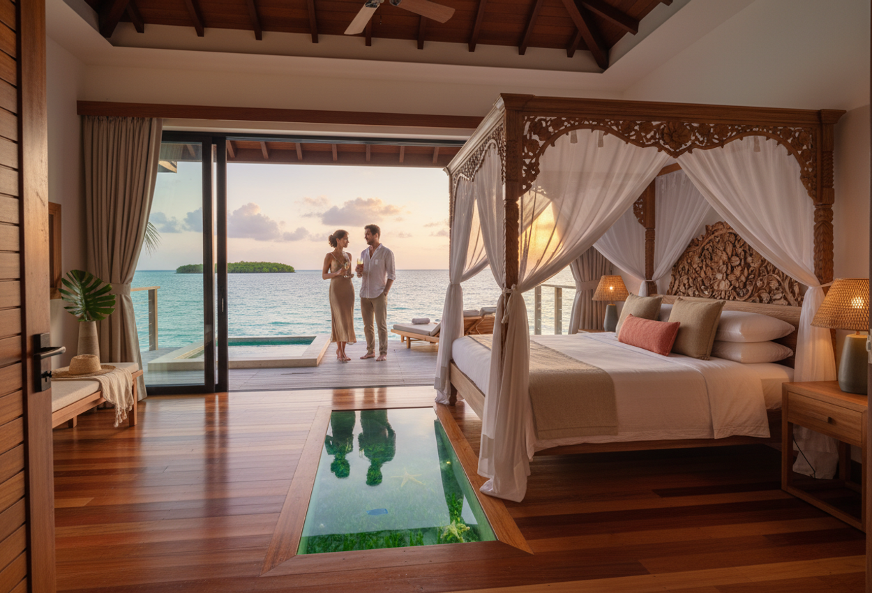 Romantic Overwater Pool Villa with Balinese Canopy Bed at Nayara Bocas del Toro at Sunset Photograph taken from the doorway of an overwater villa at Nayara Bocas del Toro in Panama, showing a Balinese-style canopy bed, polished wooden floors, and a lit glass floor panel revealing fish in the water below. Through open sliding glass doors, a private deck with a small plunge pool and loungers extends over calm turquoise sea. A couple stands on the deck at sunset, toasting with champagne as the sky glows in soft coral and gold tones, while warm interior lights create an intimate, romantic atmosphere.