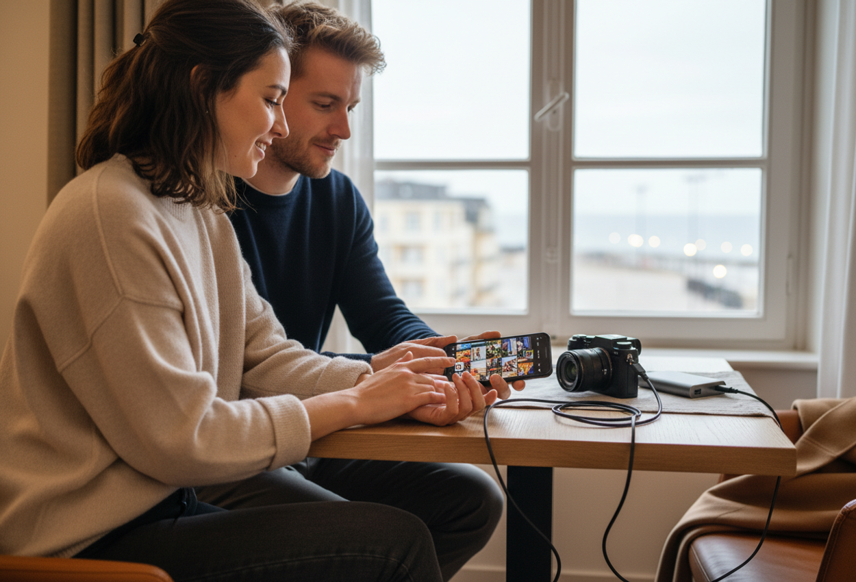A high-resolution photo of a young couple sitting at a small table by a hotel room window on a late winter afternoon, reviewing travel photos on a smartphone while a compact camera, portable charger, and travel adapter rest neatly on the wooden tabletop, with soft natural light and a blurred coastal cityscape visible outside.