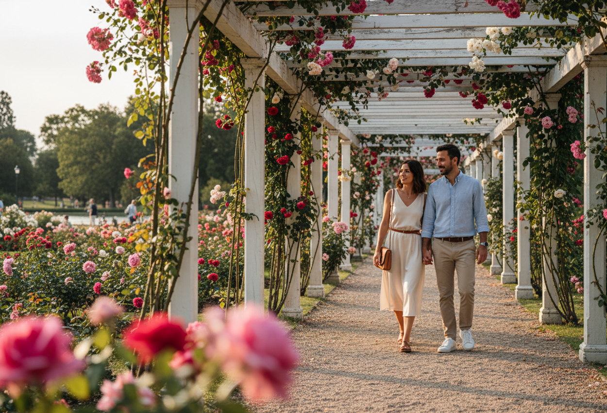 A high-resolution photograph shows a stylish couple walking slowly beneath a white pergola covered in blooming roses at El Rosedal in Palermo, Buenos Aires, on a warm late afternoon. Soft golden sunlight filters through the wooden slats and foliage, casting patterned shadows on the gravel path and on the couple’s light summer clothing. In the softly blurred background, neatly arranged rose beds and a few distant park visitors suggest a tranquil, manicured garden. The scene feels intimate and relaxed, with rich detail in the flowers, architecture, and natural textures conveying the warmth and fragrance of early summer.