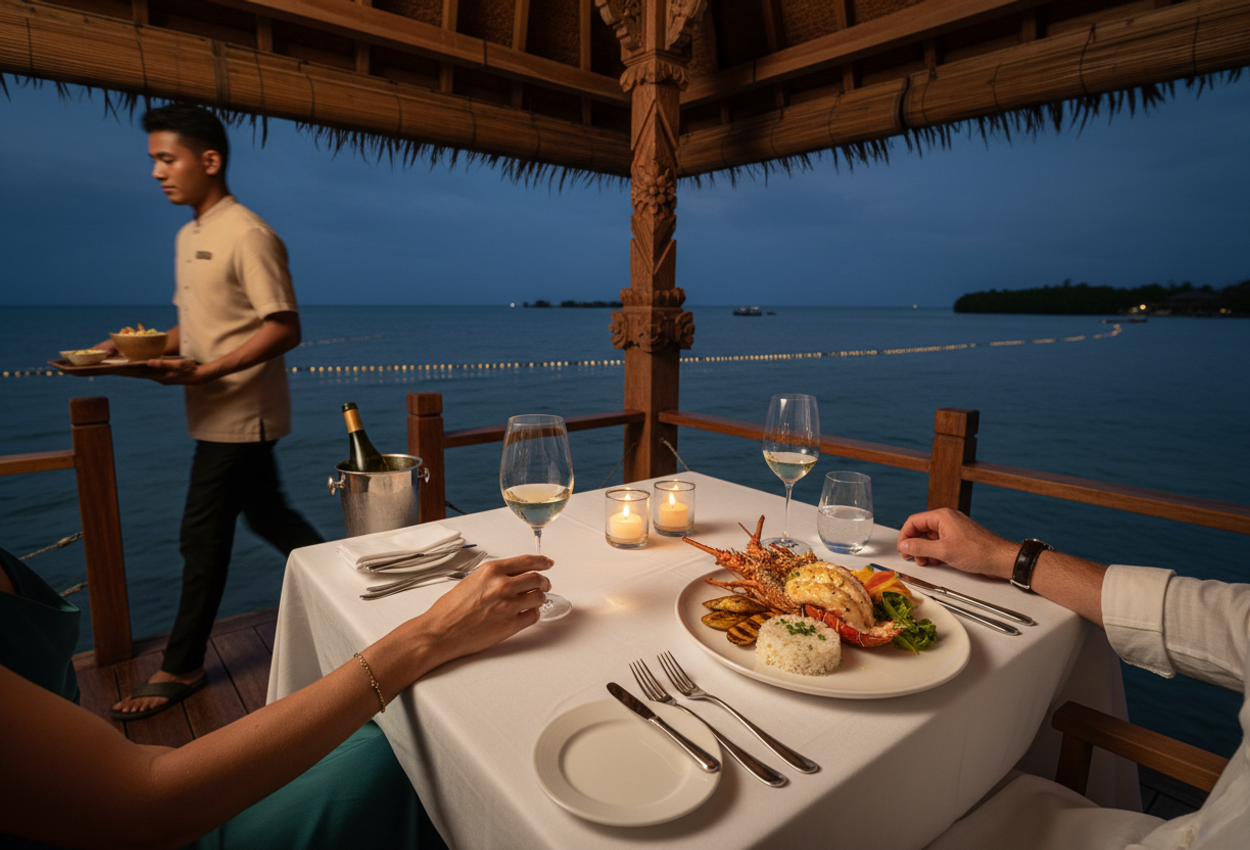 Romantic Overwater Dinner at Elephant House, Nayara Bocas del Toro in Panama Photograph of an intimate evening at the Elephant House restaurant at Nayara Bocas del Toro in Panama, showing a candlelit corner table for two with a lobster dinner and wine, surrounded by carved Balinese teak architecture and open views over the dark Caribbean Sea with distant mangroves and horizon softly visible.