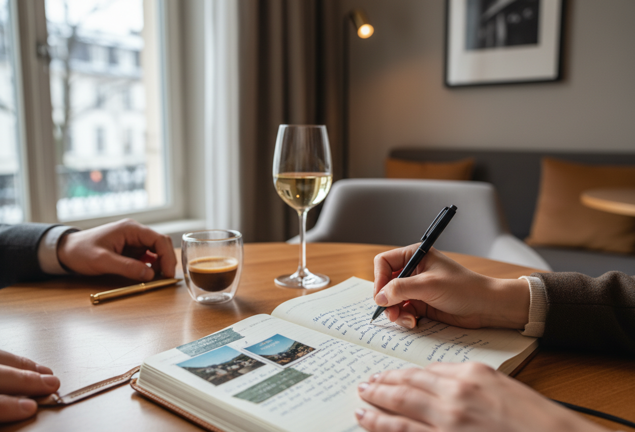 A close-up landscape photograph of an open travel journal on a small wooden table near a window in winter light. The pages are filled with handwritten notes, taped ticket stubs, and small travel photos. A woman’s hand is mid-motion writing with a pen, while a man’s hand rests beside the journal. Two drinks, an espresso and a glass of white wine, sit softly out of focus, with a blurred hint of a cozy, modern room and window in the background.