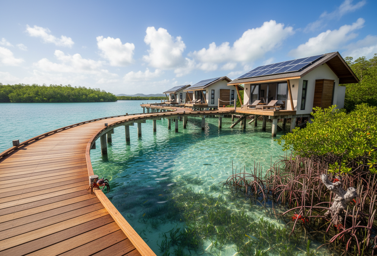 Solar-Powered Overwater Villas Above Mangroves in Bocas del Toro, Panama A high-resolution daytime photograph taken from an elevated boardwalk in Bocas del Toro, Panama, showing a cluster of solar-powered overwater villas on stilts above clear turquoise water. In the foreground, dense mangrove roots rise from the shallows, where the sandy bottom, seagrass beds, and small fish are visible through the polarized surface. A curved wooden boardwalk leads toward the villas, whose light-colored roofs are fitted with discreet dark-blue solar panels. Behind them, a fringe of lush green mangroves lines the shore under a bright blue sky with soft white cumulus clouds, conveying a calm, sustainable tropical resort setting.
