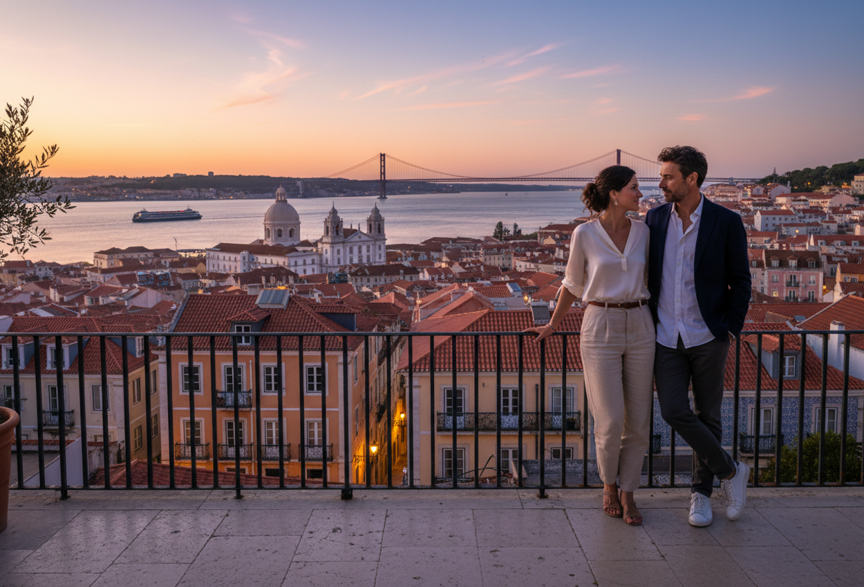 A high-resolution evening photograph taken from a hilltop miradouro overlooking the Alfama district in Lisbon, showing a stylish couple in silhouette at an iron railing as tiled rooftops descend toward the Tagus River, with glowing city lights, church domes, and the distant 25 de Abril Bridge under a pastel blue hour sky.