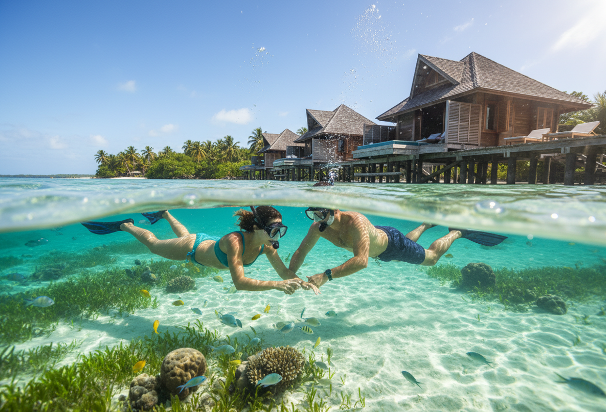 Split-Level Snorkeling at Nayara Bocas del Toro with Overwater Villas in Panama A high-resolution split-level photograph taken near Nayara Bocas del Toro in Panama shows a couple snorkeling over clear turquoise water with seagrass, coral heads, and small tropical fish below the surface, while above the waterline Balinese-inspired overwater villas on wooden stilts and a lush green island shoreline sit under a bright late-morning tropical sky.