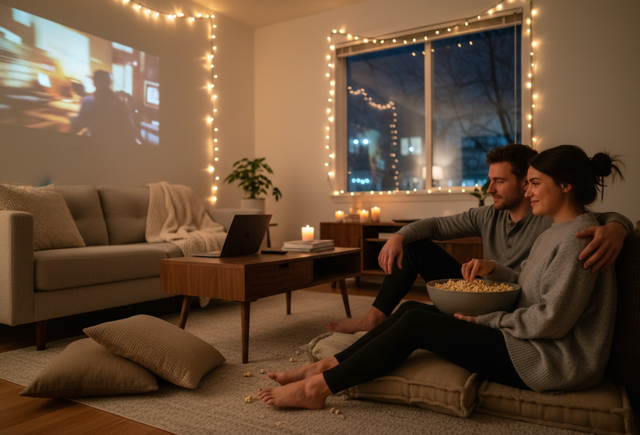 A softly lit apartment living room on a February evening shows a young couple lounging on a nest of cushions and blankets on the floor, watching a film projected onto a blank wall. String lights and candles cast a warm glow around them, while a large bowl of popcorn sits between them. A dark winter night is visible through the window behind, emphasizing the intimate, inviting feeling of staying in together.