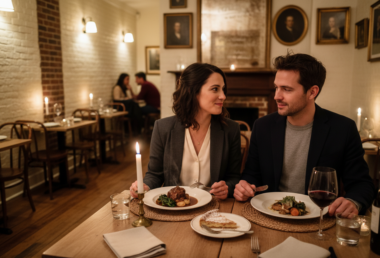 Romantic Candlelit Dinner at Chez Nous in Charleston Restaurant Interior Photo A warmly lit interior photograph of the tiny Chez Nous restaurant in downtown Charleston, showing a stylish couple in their early thirties seated close together at a small wooden table for two. They are mid-meal, talking and sharing rustic French-inspired dishes and a dessert, with steam rising from a braised main course and a glass of red wine catching the candlelight. Rough whitewashed brick walls, an old fireplace with an antique mirror, and another softly lit table fade into a gentle blur in the background, creating an intimate, European-feeling dining scene in a 3:2 landscape composition.