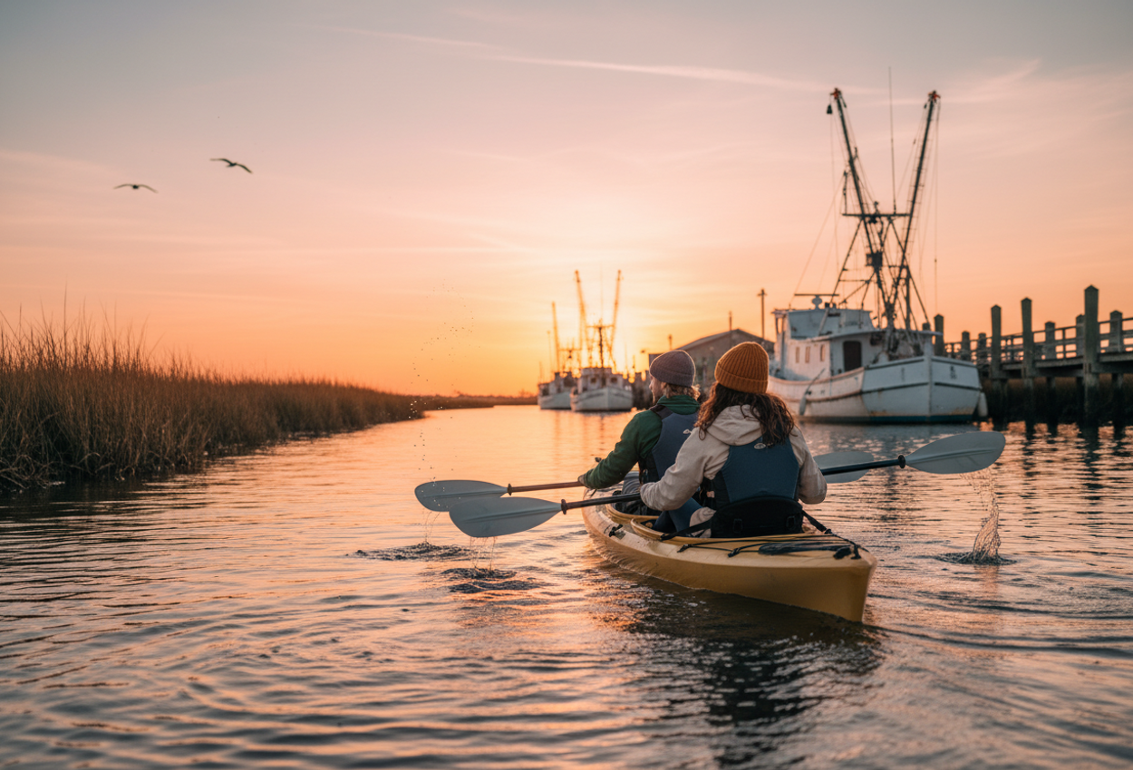 Sunset Kayaking on Shem Creek with Shrimp Boats and Winter Marsh in South Carolina A telephoto photograph captures a couple in a tandem kayak paddling down Shem Creek at winter sunset in Mount Pleasant, South Carolina. Taken from just above the waterline, the image shows golden ripples leading toward silhouettes of shrimp boats and simple dockside buildings, framed by straw-colored marsh grasses. The pair wear understated, high-quality outdoor clothing and life vests, softly backlit by warm orange and pink sky tones.
